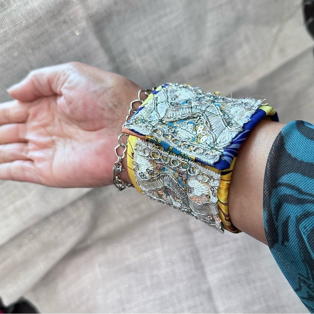 RUBYRUDI Cuff Bracelet Handcrafted OOAK Fabric Embellished Artisan Wearable Art - Picture 6 of 12
